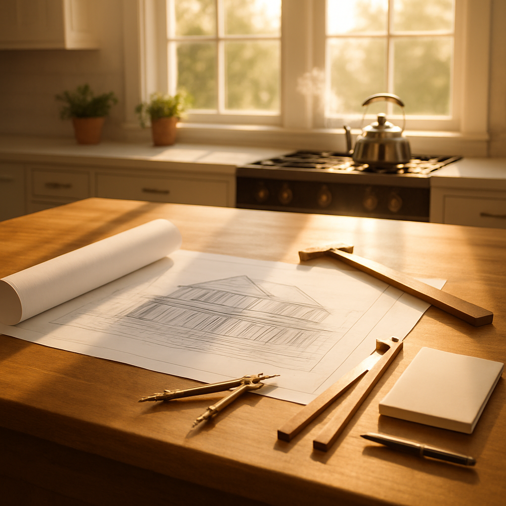 A photorealistic cinematic shot of a large warm wooden kitchen island in a bright airy kitchen flooded with brilliant optimistic morning sunshine streaming through large windows The back wall has no upper cabinets only the large windows On a sleek mo-1