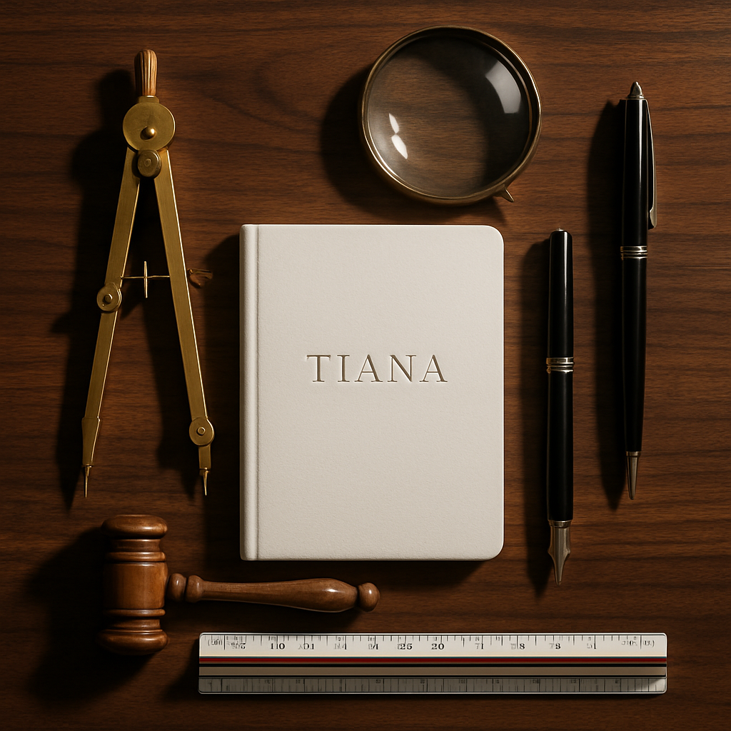 A flat lay of "The Architect's Toolkit" on a dark wood desk. At the center is a white notebook with "TIANA" embossed on the cover, surrounded by a brass drafting compass, a magnifying glass, a wooden gavel, an architect's scale ruler, and two elegant black fountain pens. The image conveys a sense of strategic precision, professionalism, and a comprehensive, well-crafted methodology.