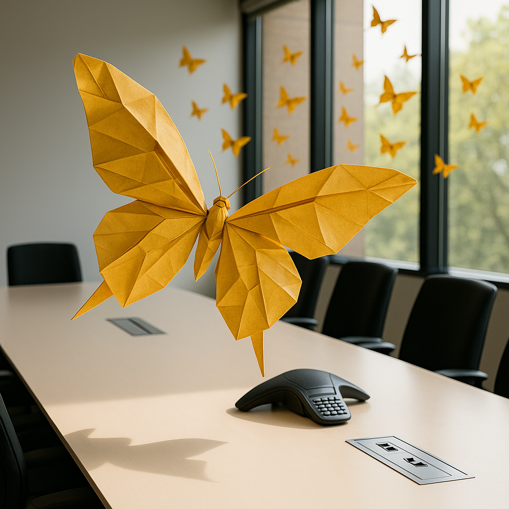 An intricate origami butterfly flutters gracefully above the conference room table taking up space its delicate paper wings adorned with intricate folds and vibrant hues of golden yellow catching the light from the corner windows as it dances through-1