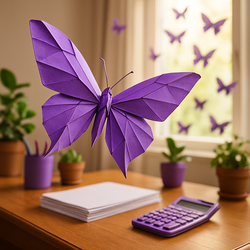 An intricate origami butterfly flutters gracefully above the desk its delicate paper wings adorned with intricate folds and vibrant hues of purple catching the light from the window behind the desk as it dances through the air It is prominent in the