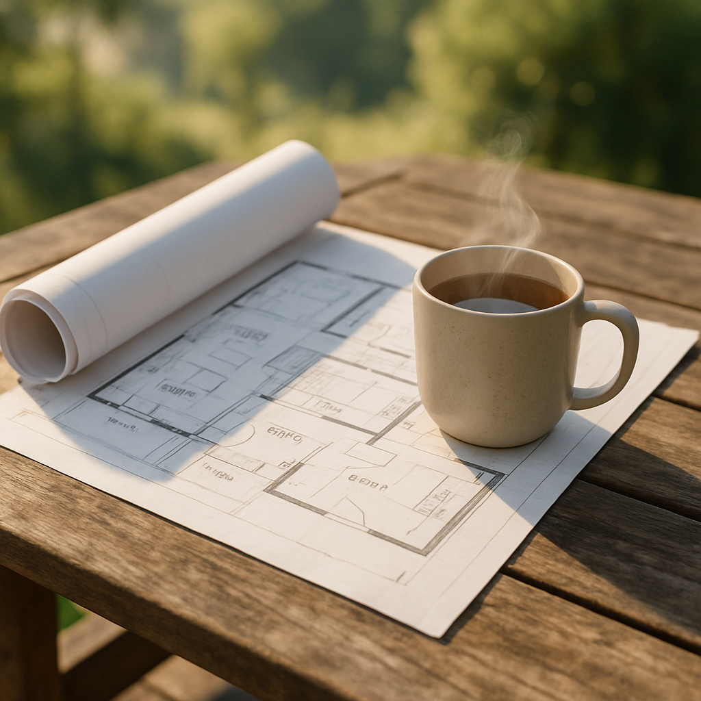 A beautifully weathered wooden porch table with a partially unrolled architectural blueprint with a steaming ceramic mug of tea resting on the blueprint 