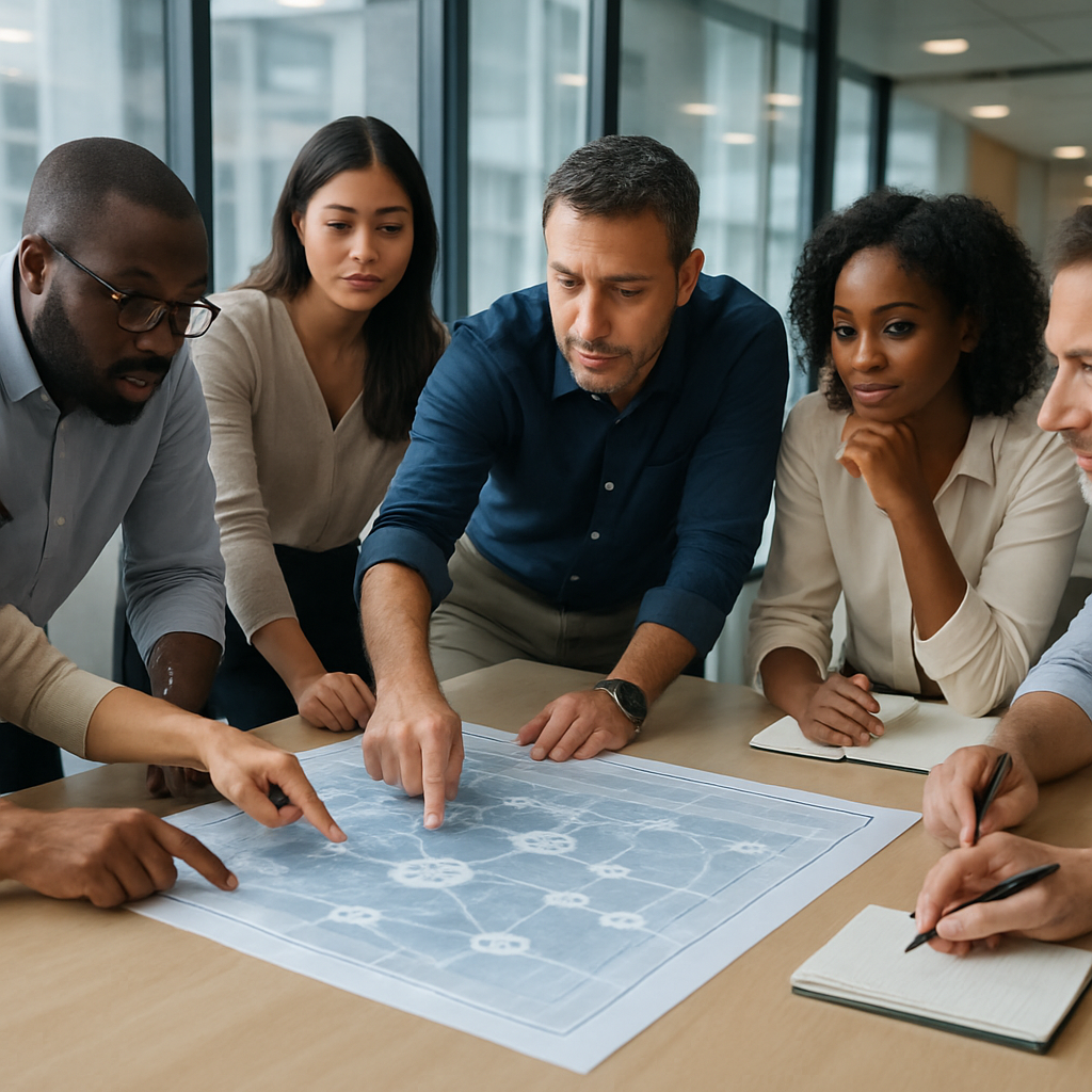 Generate a photorealistic imageSubject A diverse group of 68 organization leaders mix of genders and ethnicities black male black female Latin male Latin female Asian female White male mid30s to mid50s dressed in business casual attire  no suit jacke-1-1