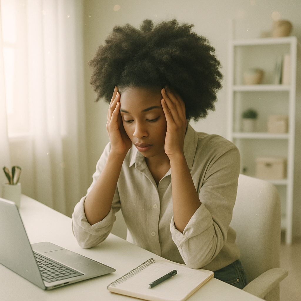 photo of an African American Woman with natural hair in casual work attire is sitting at a desk in her home office The furniture is all white and the-1